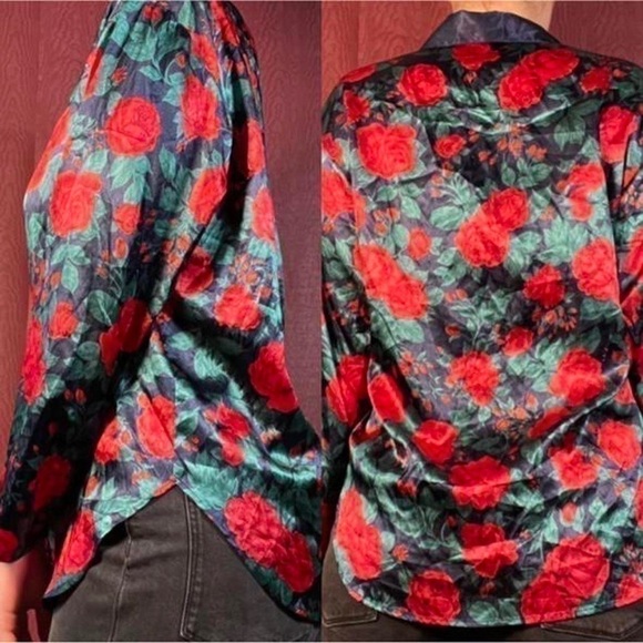 Rose Printed Silky Lingerie Button Down - Picture 3 of 4
